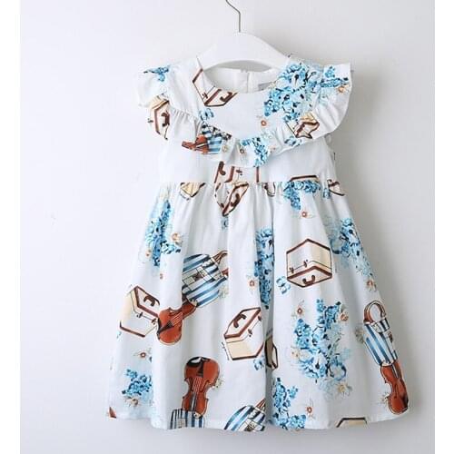 Girls Dresses 2020 Spring New Childrens Wear Girls Sweet Ruffled Violin Print Comfortable Round Neck Vest Dress