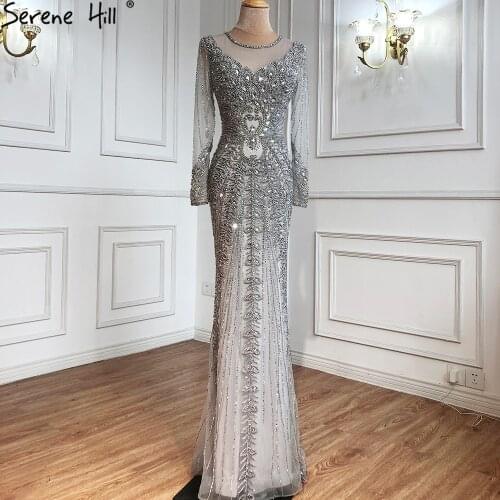 Champagne Dubai Luxury Mermaid Evening Dresses Long Sleeves Diamond Beading Formal Dress 2021 Serene Hill LA70443