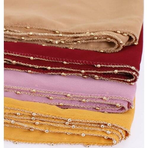 Fashion Solid Hijab Scarf For Muslim Women Shiny Chain Edges Chiffon Scarves Wraps Long Shawls Maxi Headscarf 180x70cm