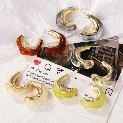 French Vintage Irregular Acrylic Metal Earrings Women Simplicity Elegant C-Shape Jewelry Female Transparent Ear Studs Wholesale