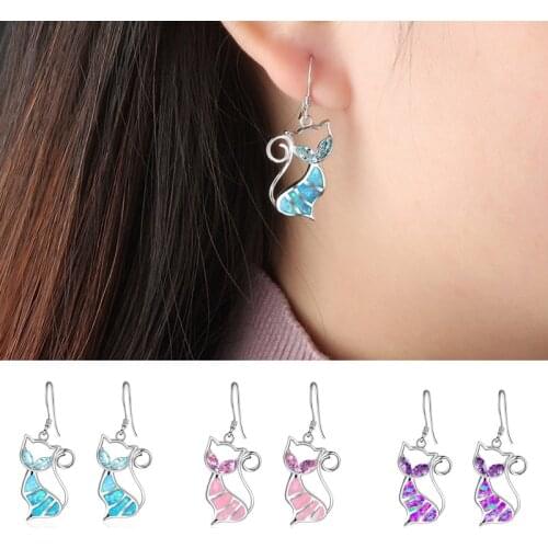 FDLKCute Women Cat Animal Pendant Earrings Blue Imitation Fire Opal Zircon Dangle Earrings For Women Accessories Gift