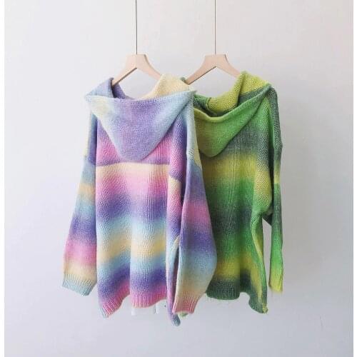 Womens Autumn Winter Rainbow Hooded Sweater Casual Streetwear Y2k Sweet Jumpers Ladies Loose Pullovers Knitwear