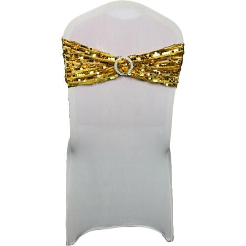 1pcs Wedding Spandex Gold Sequin Chair Sashes Bands With Buckle Elastic Lycra Glitter Bow Ties Hotel Event Banquet Decor
