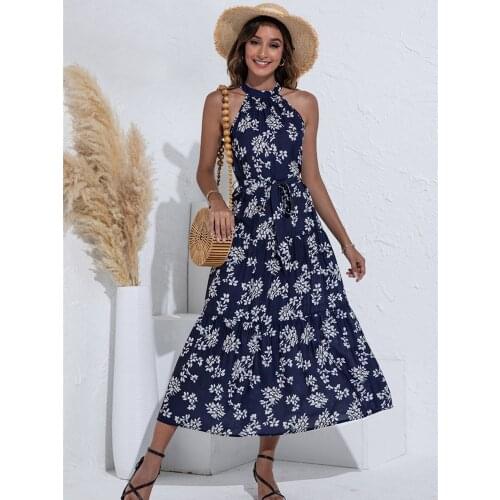 2021 Sleeveless Halter Neck Long Dresses Ruched Ruffle Vintage Floral Print Robe Maxi Dress Alogant Summer Light Womens Dress