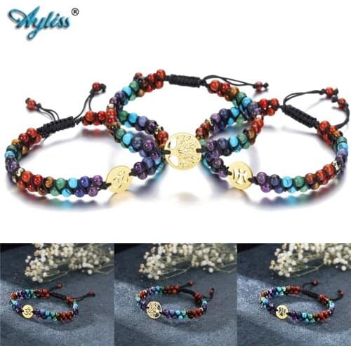 Ayliss 7 Chakra Gem Stones Bracelets With OM Tree of Life Angel Round Symbol Chakra Stone Reiki Healing Yoga Braided Bracelets