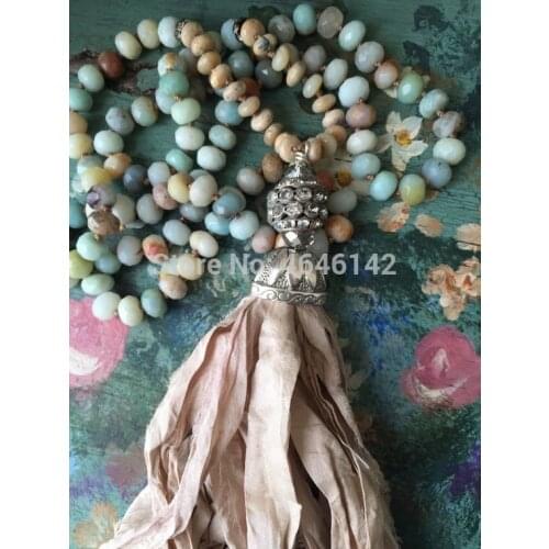 Sari Silk Tassel Knot Amazonite Stone Necklace Boho Picture Jasper Bead Long Necklace Women