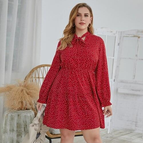 DOIB Women Polk Dot Dress Plus Size Bow Tie Lantern Full Sleeve Patchwork Large Size Dress 2021 Summer Fashion 4XL Dress