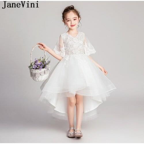 JaneVini Cute White High Low Flower Girls Dresses Princess V Neck Lace Appliques Tulle Ankle Length Girls First Communion Dress