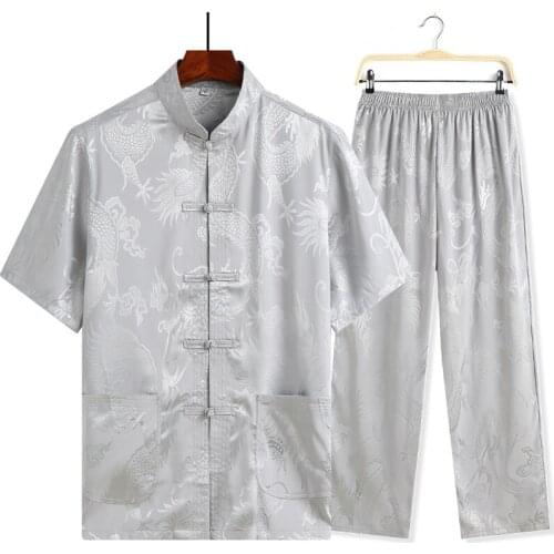 Plus Size gray Chinese Mens Tang Suit Sets Short Sleeve Long Pants Dragon Kung Fu Suit Wu Shu Tai Chi Sets vestido chino
