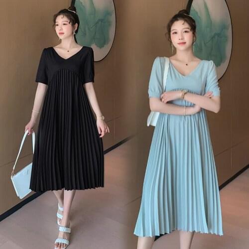 2021 Summer Korean Fashion Pleated Chiffon Maternity Long Dress V Neck Loose Clothes for Pregnant Women Casual Pregnancy