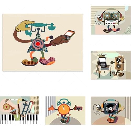 Fashion abstract music poster, retro music print, antique phone, violin, camera, clock poster art, funny cartoon wall decoration