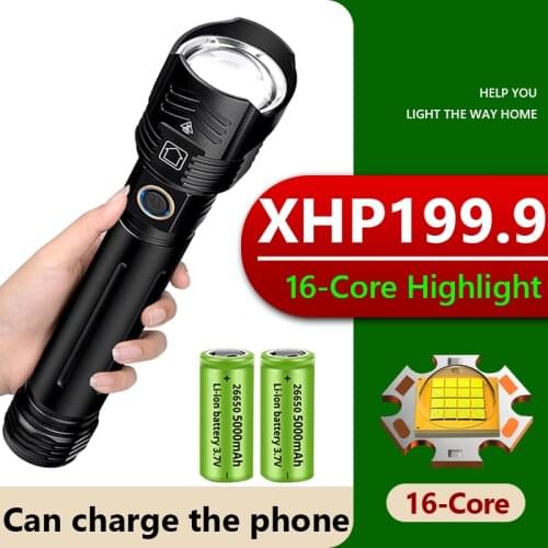 XHP199.9 Powerful LED Flashlight USB Recharged Zoom Torch IPX-65 Waterproof 10000Mah Tactical Flash Lamp Lantern By 26650/18650