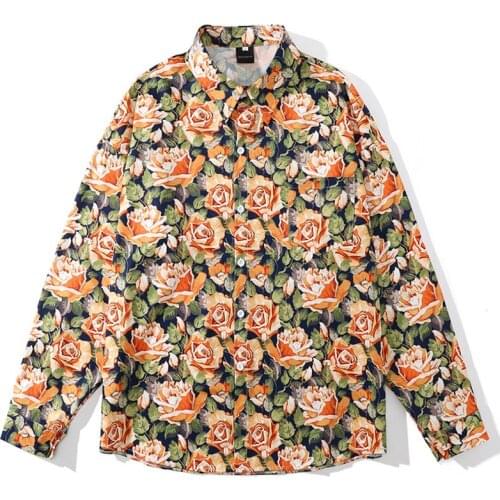 Mens Full Rose Print Hawaii Shirts Male Harajuku Button Shirts Streetwear Autumn Long Sleeve Oversize Blouse camisa masculina