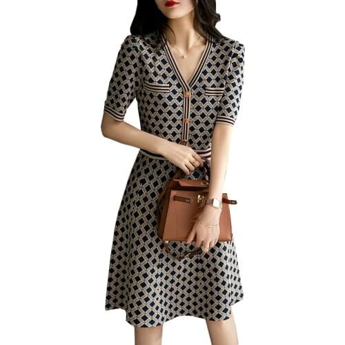 Fashion Women Summer Dresses Korean New Style Ladies Retro Knitwear Elegant Slim Lattice High Quality Cotton Linen Dress OK831