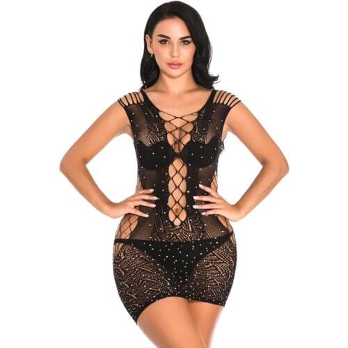 Sexy Sheer Fishnet Glitter Scale Chemise Dress Net Lace Up Body Stockings Bodysuit Underwear Sleepwear Lingerie