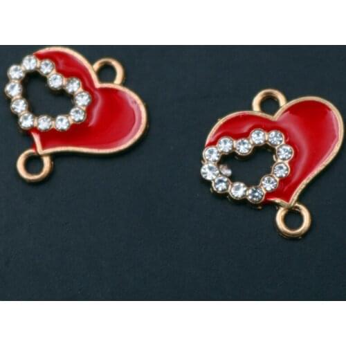 WKOUD 6pcs Rhinestone Heart-shaped Charm Hand-Drop Oil Alloy Connector DIY Metal Enamel Jewelry Accessories 17*16mm A736