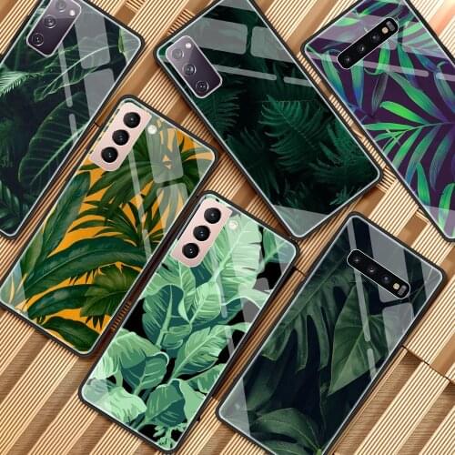 Glass Case For Samsung Galaxy S20 FE S21 Ultra S10 Plus Note 20 10 Lite Luxury Tempering Phone Cover Green Tropical Leaves Palm