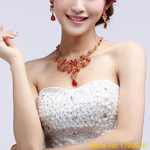 Bridal Red Golden Color Alloy Pendant Necklace Earrings Set for Wedding Party 4T7D