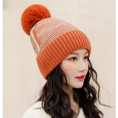 Knit cap with matching color and fleece cap with ear protection and curling edge women hat winter pompom hat beanie hats