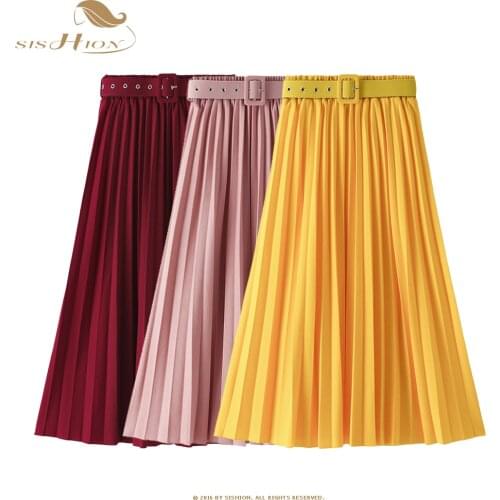 SISHION New High Waist Womens Pleated Skirts with Belted Spring Autumn Minimalism Elegant Office Female Midi Long Skirt VD2315