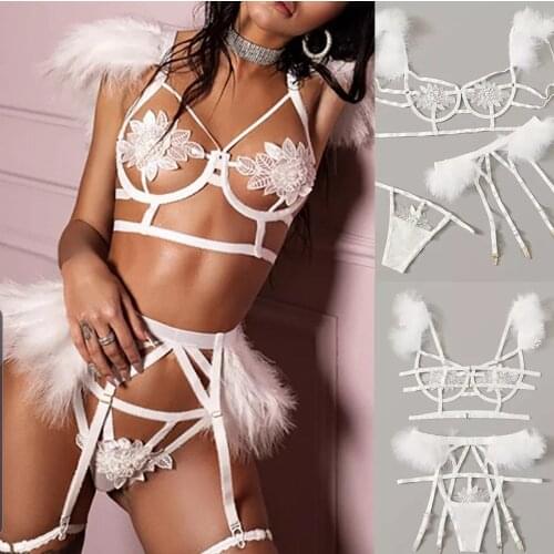 Women Sexy Lingerie Set Solid Color Hollow-out Bandage Flower Exotic Set Sexy Three-piece Underwear for Honeymoon
