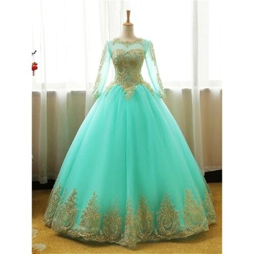 2021 Long Sleeve Wedding Dress Gold Lace O-neck Bridal Dresses Plus Size Muslim Wedding Gowns Vestido De Novia