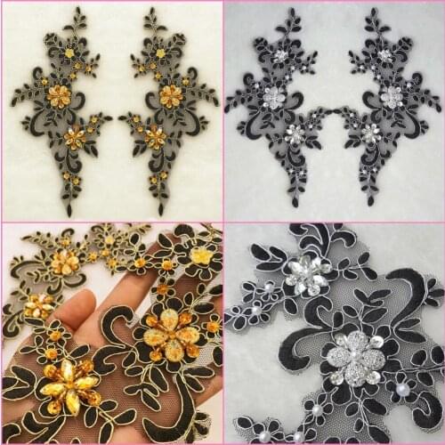 5PAIR 10pcs 3D Black Lace Golden Silver Beaded Patch Sew on Rhinestones For Prom Wedding Dance Costumes Bags Shoes Diy Appliques