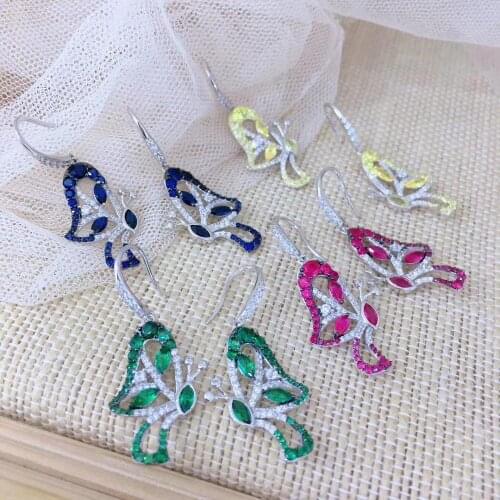 925 sterling silver with cubic zircon butterfly drop earring hook fine women jewelry yellow blue red green color