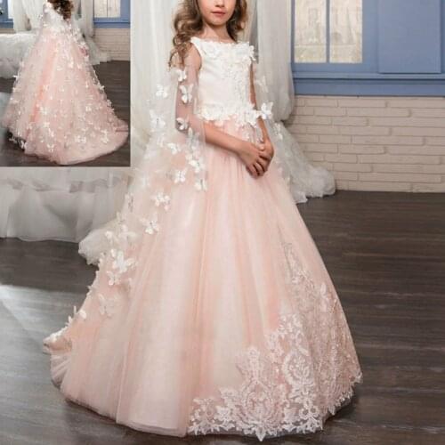 Vintage Wedding Bridesmaid Dresses for Kids Sleeveless Puffy Trailing Long Dress Elegant Girls First Communion Princess Dress