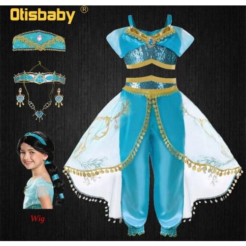 Boutique Fancy Girls Jasmine Costume Halloween Christmas Jasmine Aladdin Shoulderless Top PantsClothing Set Kids Princess Dress