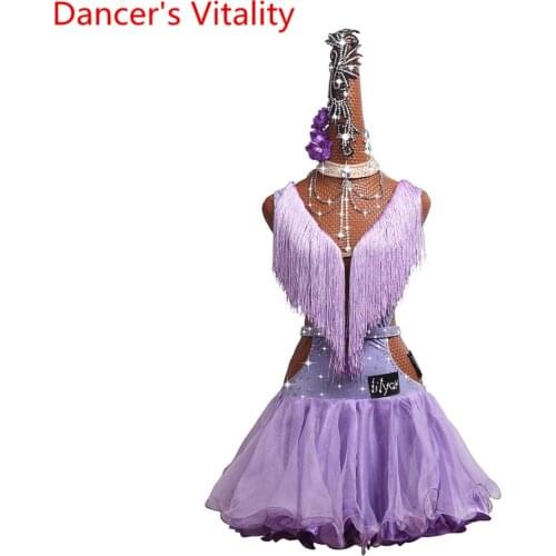 Customized Latin Dance Competition Performance Costume Cut out Light Purple Tassel Pleated Dress Rumba Samba Tango Cha Cha Dance