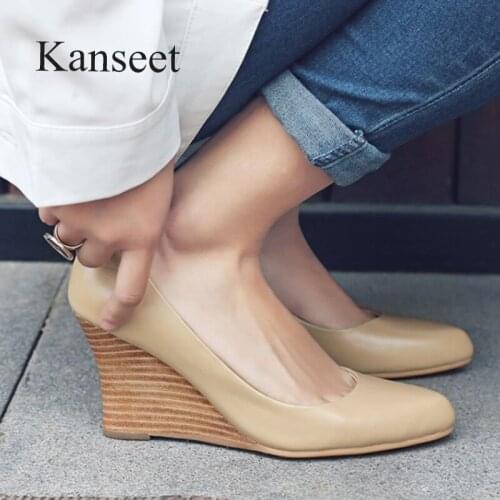 Kanseet 2021 Women Pump Round Toe Spring Summer Wedges Shoes Genuine Leather 8cm High Heels Office Party Ladies Shallow Shoes