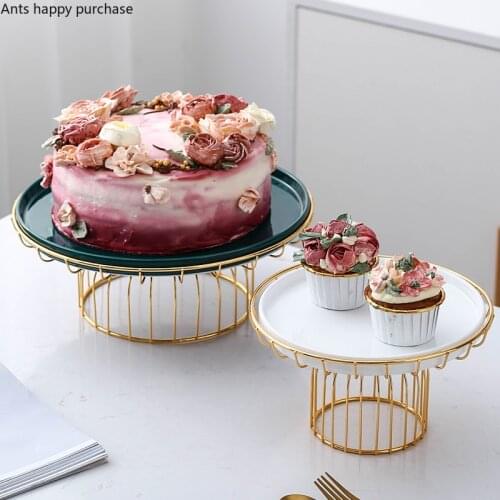 Wrought Iron Gold Tall Feet Ceramic Fruit Plate Dessert Table Dessert Cake Pan White Green 8 Inches 12 Inches Decorative Plate