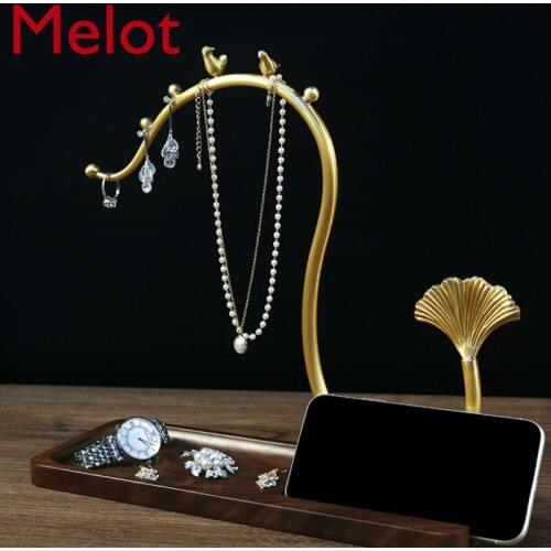 Chinese Style Golden Wooden Rings Ear Studs Earrings Necklace Bangle Storage Box Ornament Walnut Solid Wood Tray