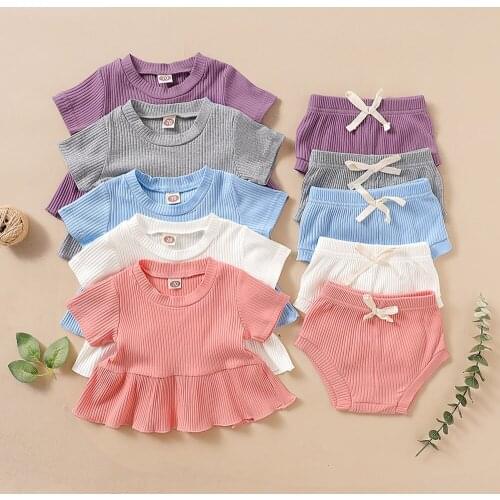 Baby Girls Summer Outfit Set Ruffled Solid Cotton Short Sleeve Top Short 2Pcs Sets Toddler Baby Girls Clothing Set Outfits D30