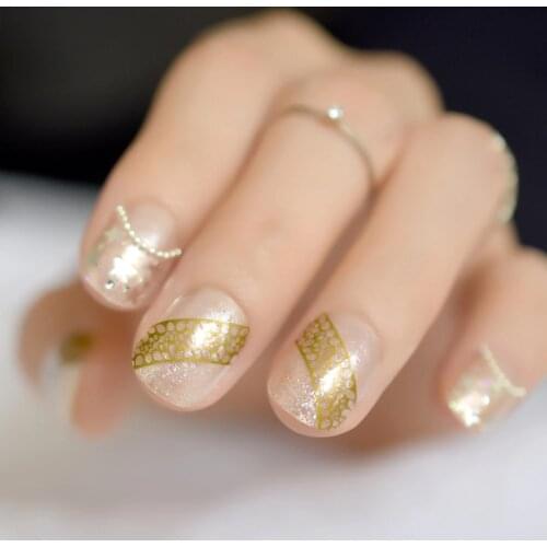 Small Round Top Clear French False Nails Tip Star Shimmer Colorful Glitter Gold Print Short Salon Fake Decorated Nail Art Tips