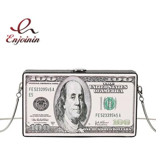 Fashion Dollar Pattern Box Design Pu Leather Women Daily Clutch Bag Chain Purse Shoulder Bag Tote Ladies Handbag Crossbody Bag