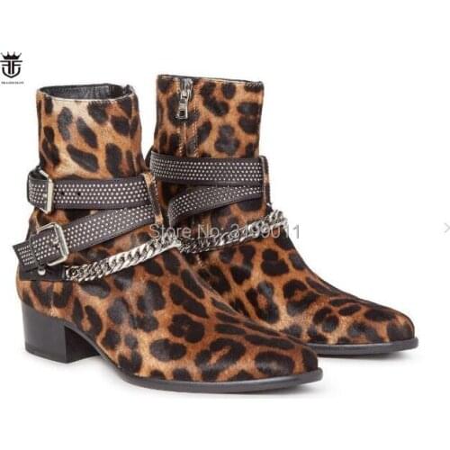 FR.LANCELOT 2020 Fashion sliver chains men boots men leopard ankle Boots men western boots 5cm heel glitter party shoes male