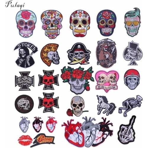 Pulaqi Punk Motorbike Iron On Patches For Clothing Cool Skull Parches Embroidery Badges DIY Bags Hat For Men Biker Clothes F