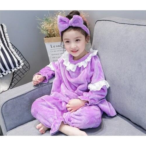 2020 Winter New Korean Girl Home Service Suit Flannel Lace Long Sleeve Pajamas + Headband