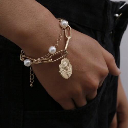 New pearl line chain bracelet fashion coin avatar pendant bracelets for women Wholesale Jewelry 2020