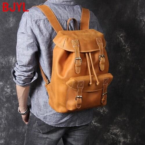 Original New Large Capacity Men Backpack Mens Travel Backpack Laptop Bags Cowhide Leather Handmade Crazy Horse Leather Male Big