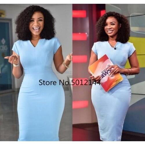 Elegant Solid Color Slim Pencil Knee-Length Dresses Summer Classic Streetwear Women V Neck Short Sleeve Dress DR029G