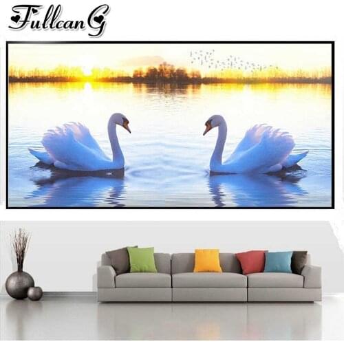 FULLCANG White swan sunset lake landscape large 5d diamond painting diy full square round drill mosaic embroidery sale FC2444