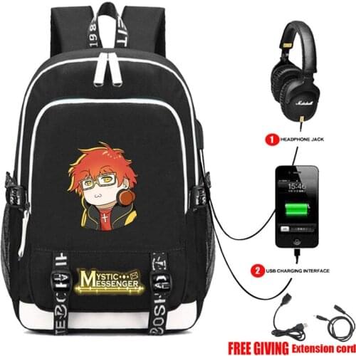 Mystic Messenger Anime Book bag Rucksack Student School Bag For Boys Girls Travel Backpack USB Port Mochila Black Backpack