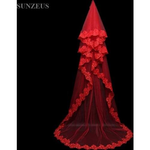 Veu de noiva 3 metros Red\Ivory\White 3 Meters Wedding Veils with Lace Appliques Edge Multi Layers for Bridal Veil S153