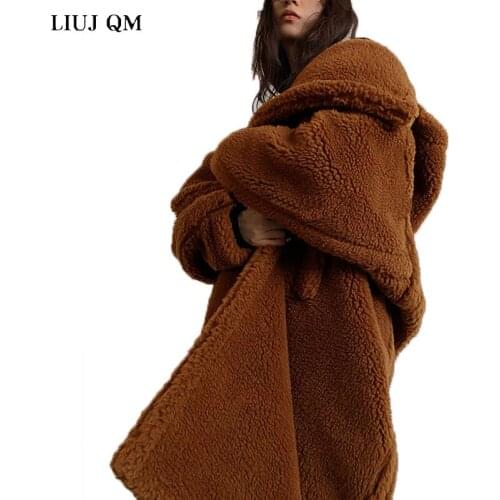 Teddy Bear Coat Winter Clothes For Women 2021 Black Belted Wool Coat Hooded Long Parkas Female Warm Oversized Jacket Fur Coats