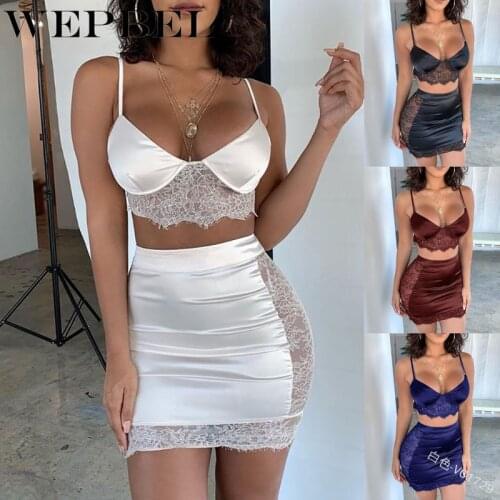 WEPBEL Lace Two Piece Set Clubwear Outfits for Women Bralette Top and Skirt Plus Size S-3XL