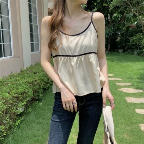 2021 New Women Summer Sexy Sleeveless Ruffle Camisole Tank Top Casual Short Pullover Crop Tops Beige Camis