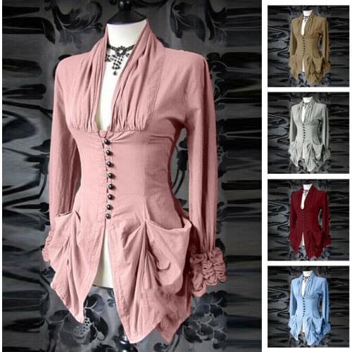 Womens Medieval Steampunk Victorian Long Sleeve Shirt V-neck Tops Blouse Costume